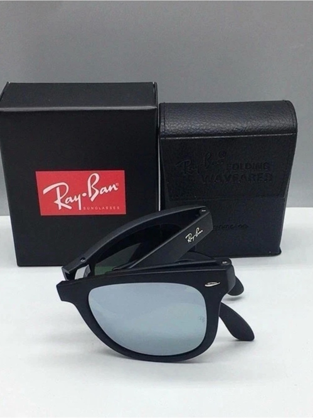 NWT Ray-Ban Folding Wayfarer RB4105 Black Silver Mirror 50mm - Picture 6 of 17